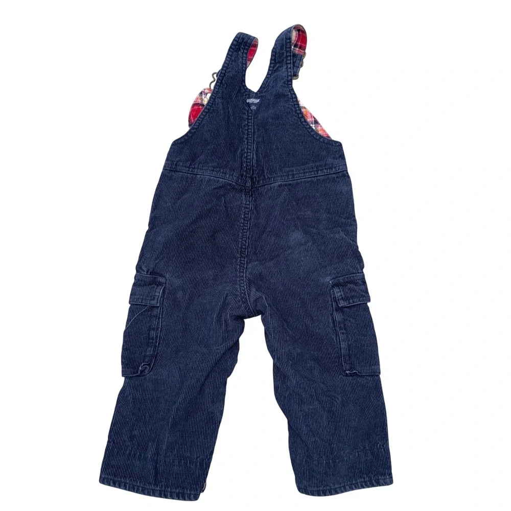OshKosh Corduroy Overalls Kids 18M Navy Blue Excellent Plaid Lined Cargo Bibs